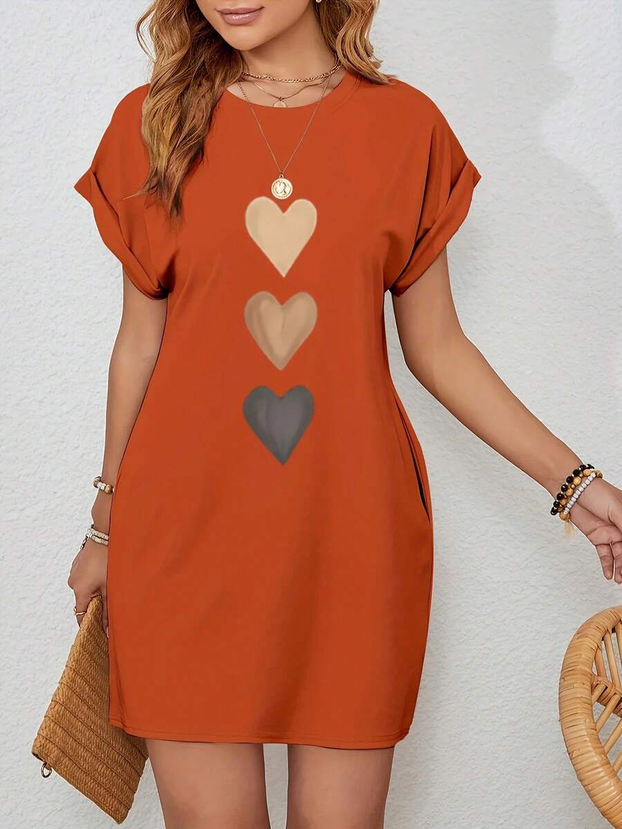Vestido casual de punto para mujer con estampado de corazón, cuello redondo, manga corta, top de moda negro con diseño de bandera colorida - Azul cielo - Ver 1
