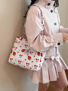 2026 Summer New Large Capacity Chic Cherry Print Stylish Personalized Shoulder Tote Bag For Women - White - View 2