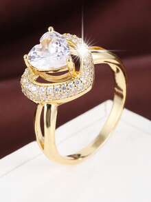 1pc Elegant Double-Layer Heart Design Cubic Zirconia Inlaid Women's Ring, Holiday Gift - Multicolor - View 8