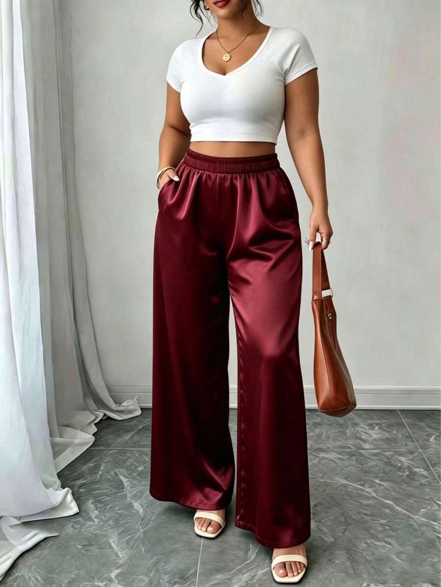 Plus Size Satin Straight Leg Pants With Pockets, Long High Elastic Fabric, Suitable For Women - Burgundy - View 1
