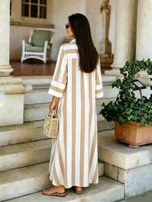 Gaun Panjang Wanita Musim Semi/Panas, Menampilkan Garis-Garis Lebar dan Desain Blok Warna yang Elegan - Aprikot - View 5