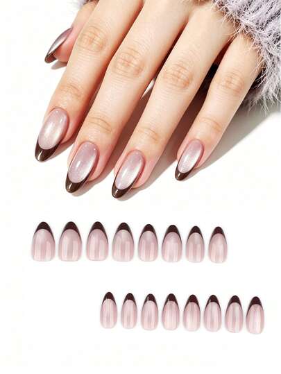Easy To Wear, Comfortable, Seamless 24pcs Medium Length French Almond Shape Nail Tips, Cat Eye Glossy, Casual Manicure, Minimalist Comfortable Fresh, Suitable For Girls, Ladies, Students