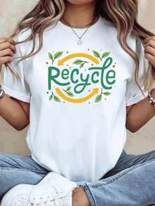 Women's T-Shirt With A Green Leaf Print,  "Recycle" Style, Perfect For Leisure, Promoting  And Charity. It Features A Fresh And Natural Look, Short Sleeves, And An  Vibe. The Printed Design Is Simple, Versatile, And Has A Relaxed Fit With A Fitted Crew Neck. - 白色 - 查看 1