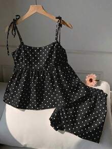 Conjunto de 2 piezas de camiseta de tirantes y pantalones cortos con estampado de lunares para vacaciones de mujer - Negro - Ver 6