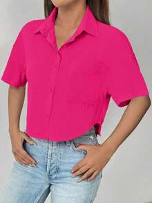 negra casual corta y sencilla de manga corta para uso diario para damas - Rosa Fucsia - Ver 5