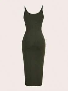 BASICS Vestido casual de cena y citas de unicolor con tirantes de espagueti y silueta ajustada - Verde militar - Ver 2