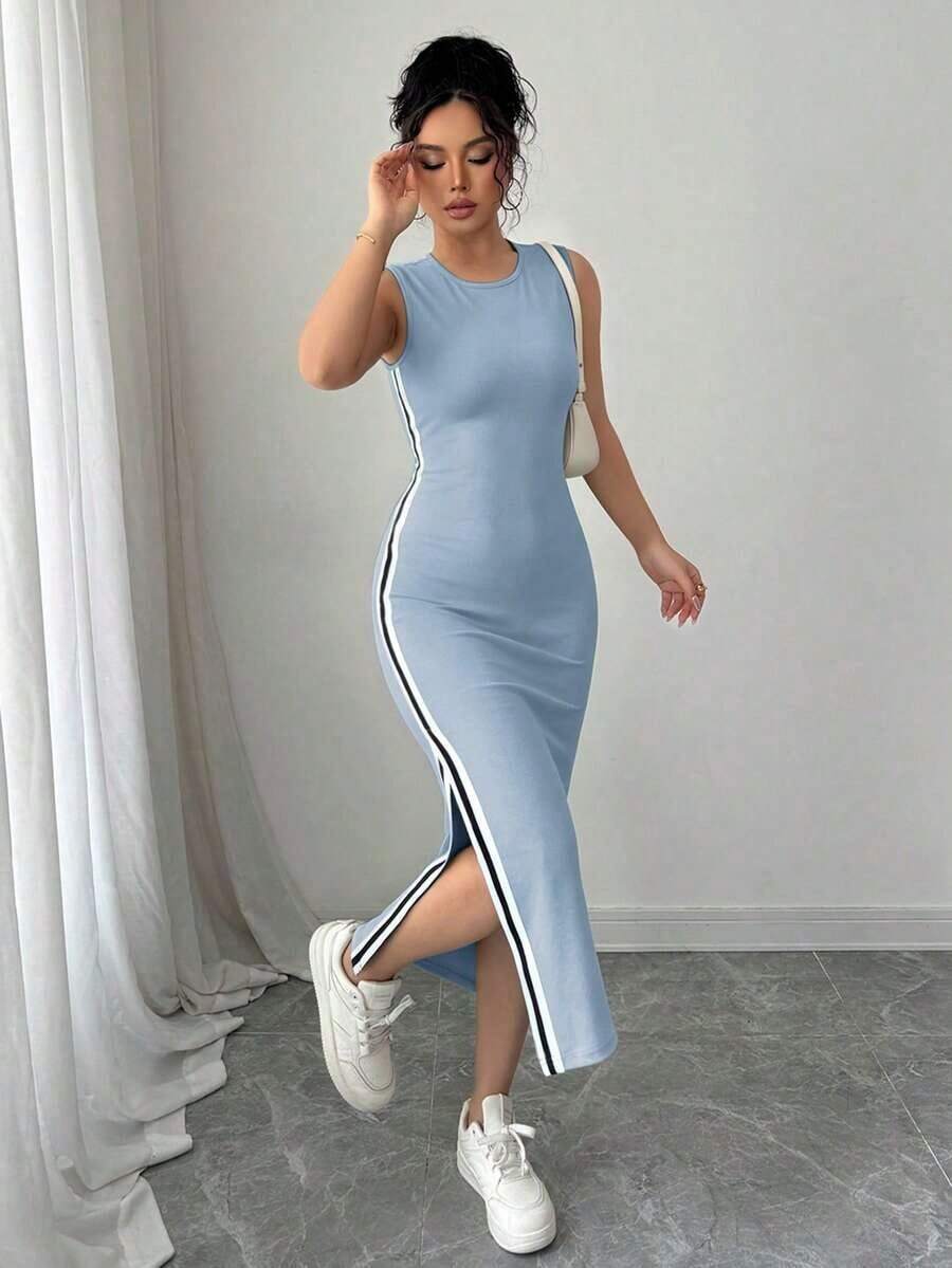 Vestido de cuello redondo con cinta negra y blanca con abertura lateral para mujeres - Gris azul - Ver 1