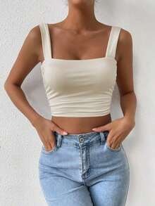 Top Cami Ajustado de Pliegues unicolor y Corto para el Verano - Beis - Ver 1
