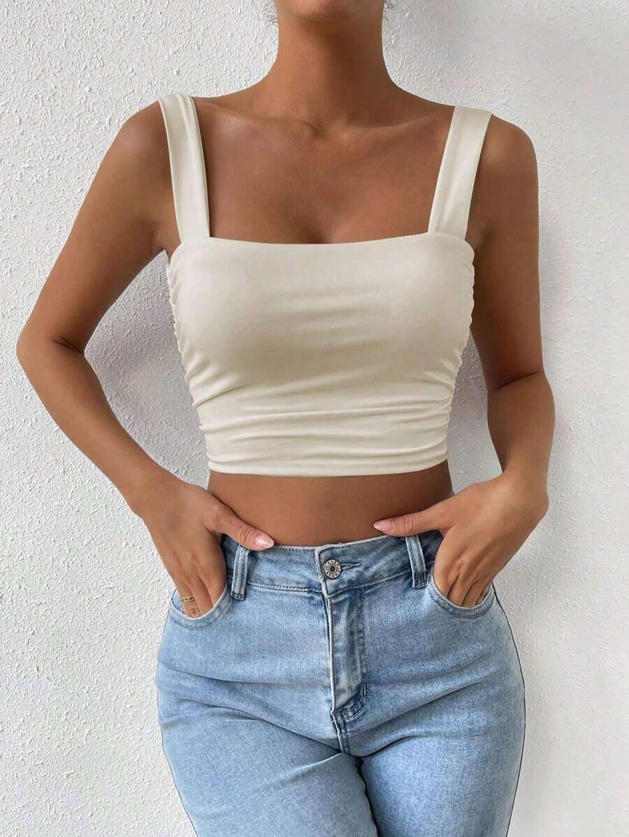 Top Cami Ajustado de Pliegues unicolor y Corto para el Verano - Beis - Ver 1