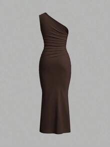 Vestido largo de tipo cola de pez minimalista con hombro asimétrico en color liso, arrugado, para uso diario casual - Marrón Chocolate - Ver 2