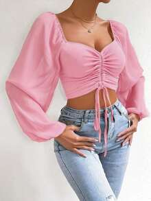 Blusa de manga farol con cuello de corazón y pliegues, corta - Rosa - Ver 4