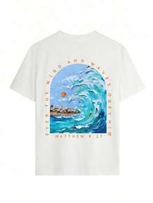 Camiseta gráfica para mujer "Even The Wind And Waves", camiseta cristiana con estampado de olas del océano, camiseta casual de manga corta holgada inspirada en la fe costera, camiseta de cuello redondo y hombros caídos de talla grande, ropa de playa cómoda para vacaciones, iglesia, uso diario, regalo para creyentes. G8QI - Blanco - Ver 3