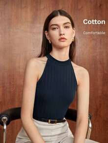 Nuevo diseño de verano/primavera para mujer, top de punto acanalado con cuello plisado sin mangas, elegante y chic para uso urbano y diario, romántico estilo retro de los 90, versátil y minimalista, adecuado para invitados de boda, anfitriones, ci - Azul marino - Ver 1