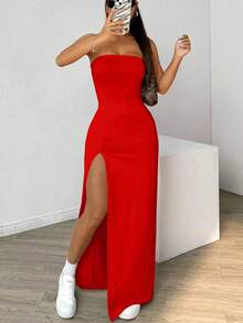 Vestido de ajustado para mujeres con muslo dividido y sin tirantes de unicolor - Rojo - Ver 9