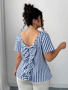 Blusa de verano de moda informal de vacaciones con espalda descubierta, lazo, volantes y rayas, blusa a rayas, blusa con lazo en la espalda, blusas a rayas, blusas con lazo, blusas para mujer de verano - Azul y blanco - Ver 3