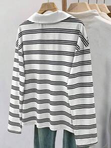 Camiseta holgada de murciélago a rayas de estilo casual para mujer, otoño - Blanco - Ver 2