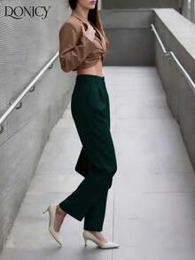 Pantalones rectos de cintura alta de unicolor para mujer, con pliegues, suaves y cómodos, versátiles y elegantes para uso casual urbano, adecuados para uso diario casual, citas, fiestas, San Valentín, carnaval y oficina - Verde Oscuro - Ver 8