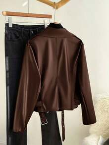 Chaqueta de cuero de PU de manga larga rojo vino, de corte holgado y básico, para mujer de talla grande, de estilo casual, para otoño y primavera, Y2K, streetwear, primavera, abrigos rojos vino para mujer, estilo años 2000, disco/invierno - Marrón - Ver 2