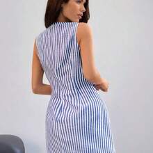 Striped Tank Mini Dress For Women With Deep V Neck And Pencil Hem Design, Summer,Summer Dresses For Women,Vacation Outfits Woman,Beach Outfits For Woman,Going Out Tops Women,Office Outfits For Women,Casual Dresses For Woman,Sexy Outfits For Women Lace Up Dress Tie Front Dress Blue And White Striped Dress - Azul y blanco - Ver 3
