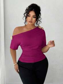 Blusa de talla grande para mujer elegante, personalizada, de moda, versátil, con un solo hombro, adecuada para uso diario - Rosa Fucsia - Ver 6