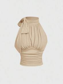 Blusa con cuello alto, lazo y recogido, casual y de moda para uso diario, perfecta para vacaciones, citas, picnics, fiestas, bailes de graduación, festivales y cumpleaños; uso diario, salir, té, club, primavera/verano, invitada de boda - Caqui - Ver 1