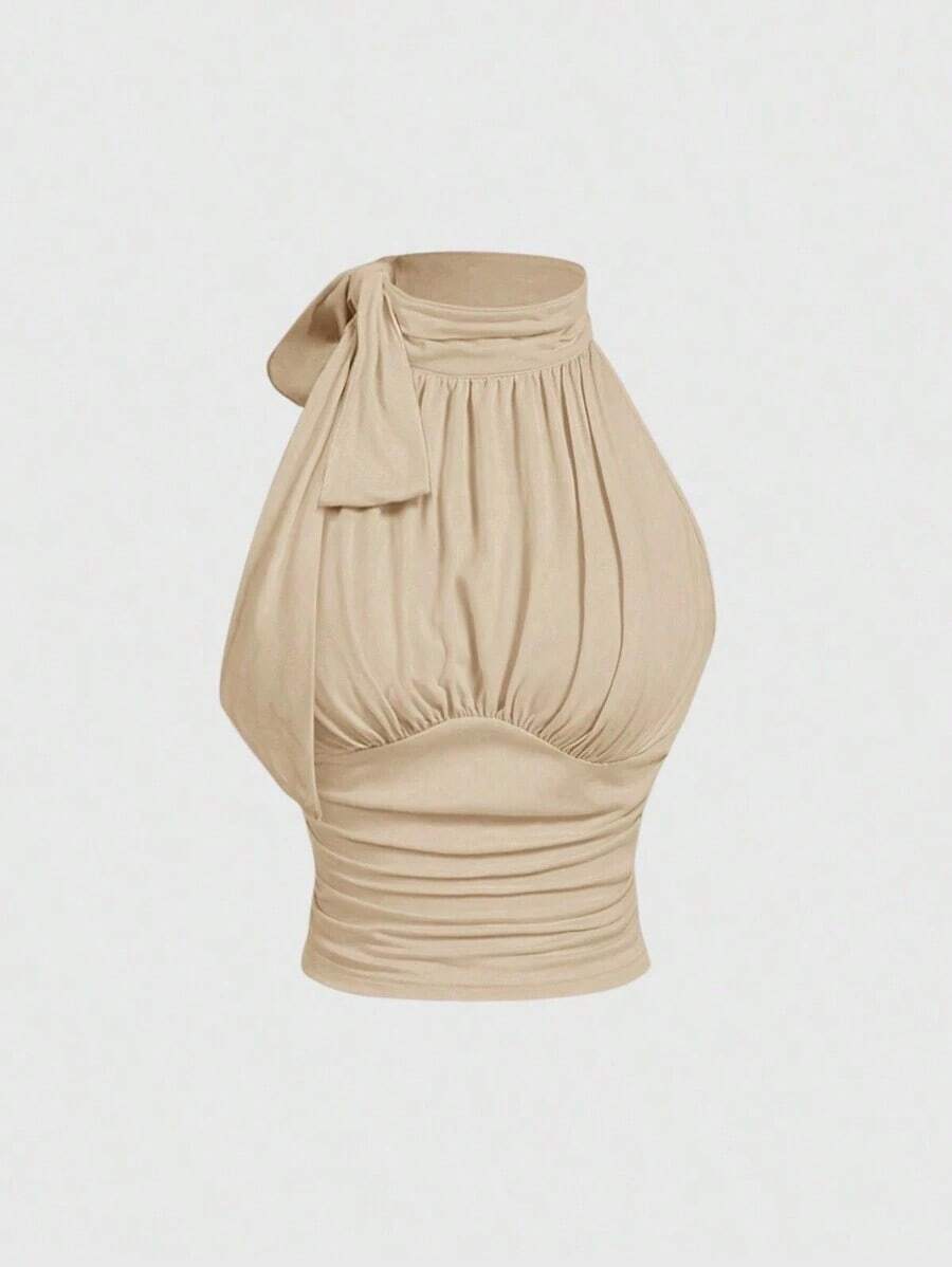 Blusa con cuello alto, lazo y recogido, casual y de moda para uso diario, perfecta para vacaciones, citas, picnics, fiestas, bailes de graduación, festivales y cumpleaños; uso diario, salir, té, club, primavera/verano, invitada de boda - Caqui - Ver 1