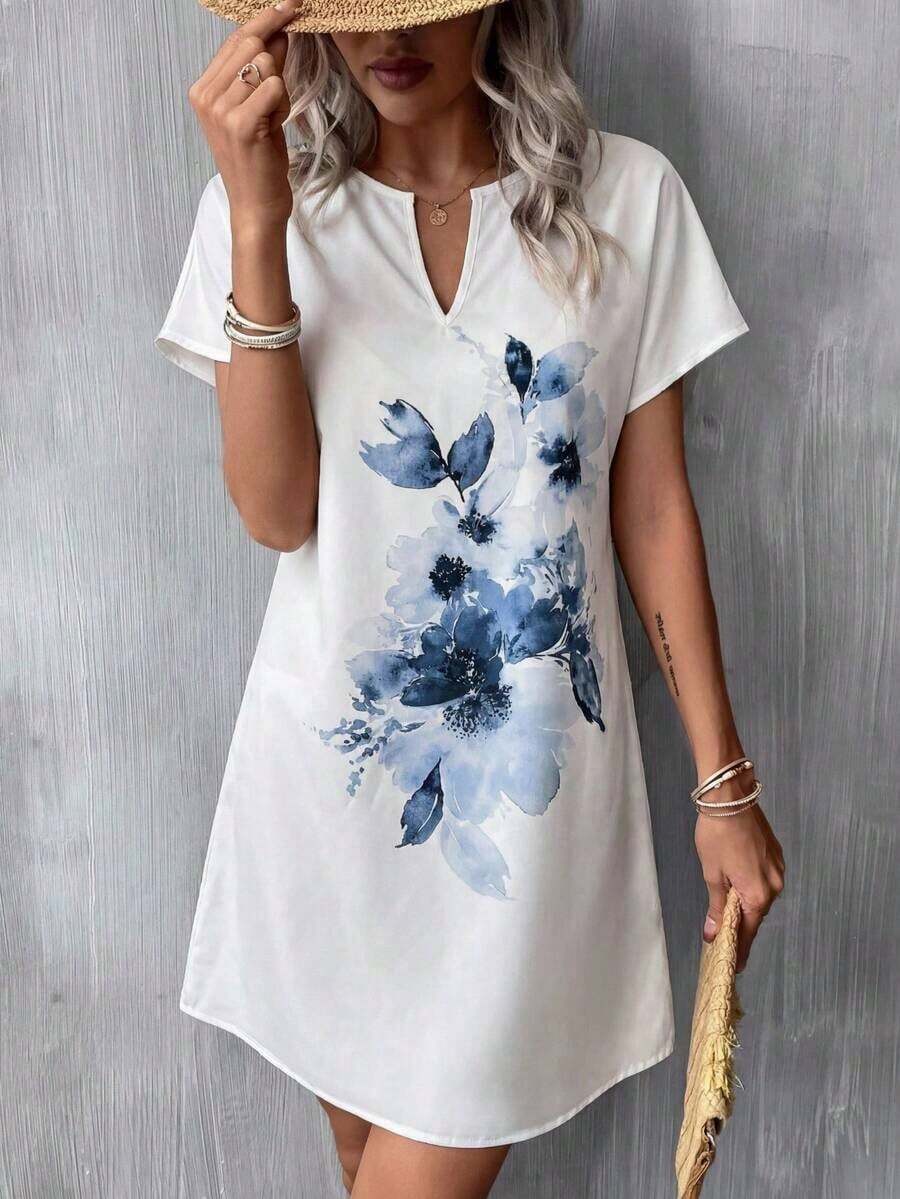 Vestido casual de mujer con estampado floral, cuello en V y manga corta para vacaciones - Blanco - Ver 1