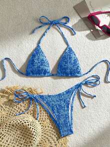 Swim Mod Conjunto de bikini sexy para mujer con estampado floral de verano, copa push-up y cuello halter con lazo - azul real - Ver 5