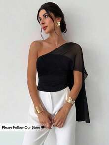 Blusa ajustada con volantes asimétricos de malla de punto con hombro asimétrico y empalme, elegante y casual, versátil, azul, adecuada para vacaciones, playa, atuendo de verano - Negro - Ver 1