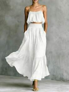 Bohemian Two-Piece Set For Women In Chiffon, With Short Camisole With Thin Straps And Long Skirt With Ruffled Hem. - White - View 1