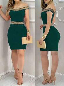 Vestido negro elegante y ceñido para mujer - Halter sin mangas con tela de lentejuelas en la espalda, perfecto para actividades de verano, mezcla de poliéster lavable a máquina, vestido ajustado, adecuado para citas nocturnas diarias, fiestas, fiestas de solteros - Verde Oscuro - Ver 5