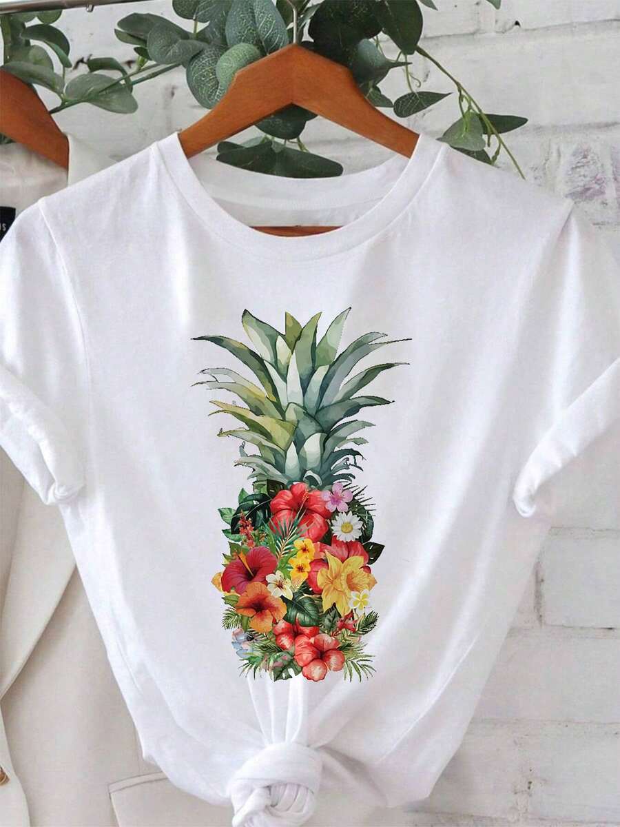 Vibrant Tropical Pineapple Floral Print, Plus Size Women's Casual Fashion T-Shirt With Round Neck For Spring-Summer. Elegant Party Outfit, Stylish Ladies' T-Shirt, Blouses Suitable For Curvy Women, Prom Skirts, Casual Wear. Adorable Animal Print, Fun Letter Print, Easy To Match With Streetwear. - 白色 - 查看 1