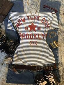 Camiseta de manga corta ajustada con hombros descubiertos, estilo casual y retro, impresa con "NEW YORK", adecuada para uso diario, ir y venir, fiestas, reuniones y ocasiones de vuelta al colegio. - Multicolor 9 - Ver 3