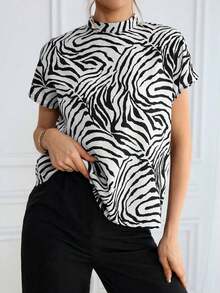 Camisa de mujer con estampado de leopardo, de verano, de manga ancha, para uso diario - Blanco y Negro - Ver 5
