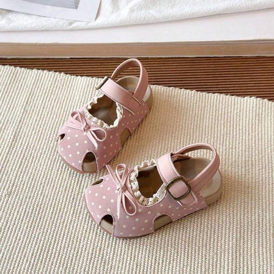 Sandal tập đi thoáng khí, dễ thương cho bé gái, có nơ ren và khóa dán. - Hồng - Xem 1