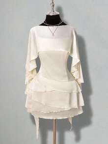 ICON Vestido mini ajustado de satén con volante asimétrico en el bajo, vestido formal de fiesta con espalda descubierta y silueta de línea A para mujer - Blanco - Ver 2