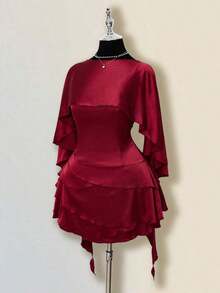 ICON Vestido mini ajustado de satén con volante asimétrico en el bajo, vestido formal de fiesta con espalda descubierta y silueta de línea A para mujer - Burdeos - Ver 4