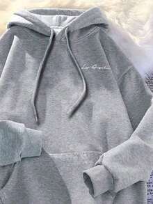 Men's Black Kangaroo Hoodie With Los Angeles Minimalist Print, Hooded Sweatshirt With Pocket, Warm And Stylish, Lowest Price - 灰色 - 查看 2