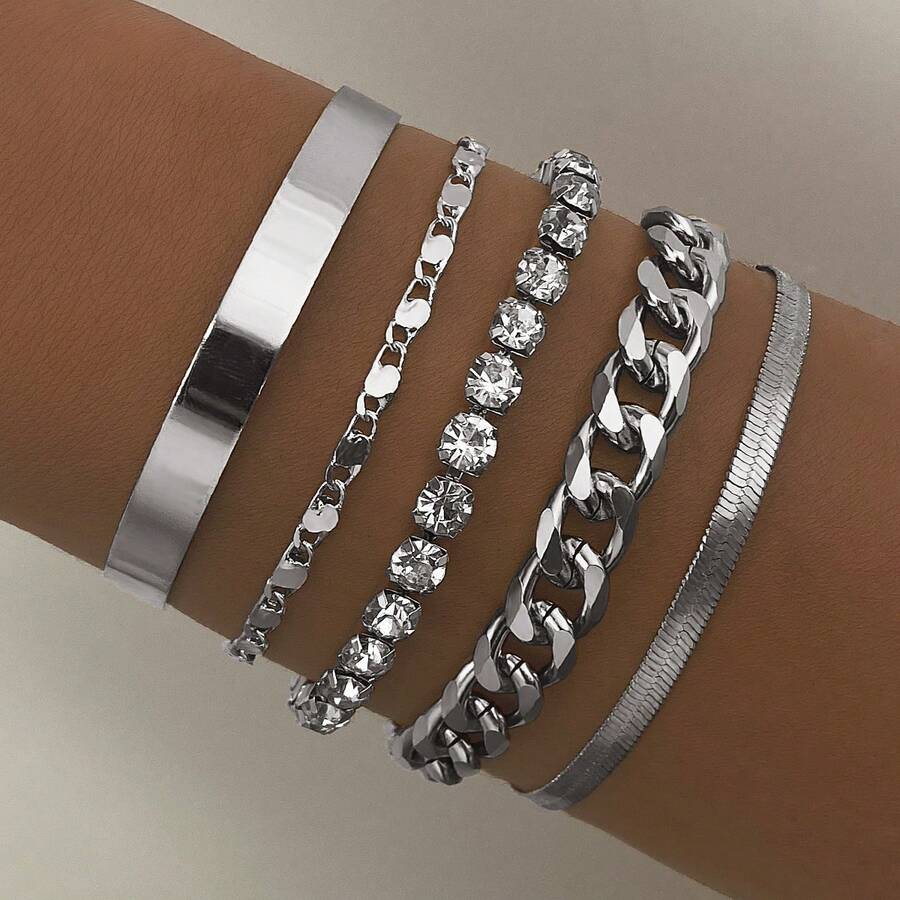 VKME Juego de 5 pulseras de cadena de metal con circonita y cadena trenzada - Plata D - Ver 1