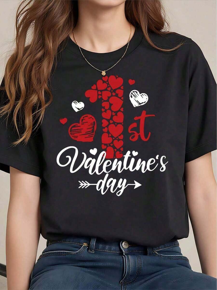 Women's Summer Clothes, Graphic T-Shirts, Women's Short Sleeve Crew Neck Cotton T-Shirt With Print, Local Warehouse Delivery, Women's Clothing T-Shirts, Printed T-Shirts, Valentine's Day Gift, Fun Fashion Sets, Fashion Promotion, Plus Size Vintage 100% Cotton T-Shirt With Fun Print For Vacation - 黑色 - 查看 1