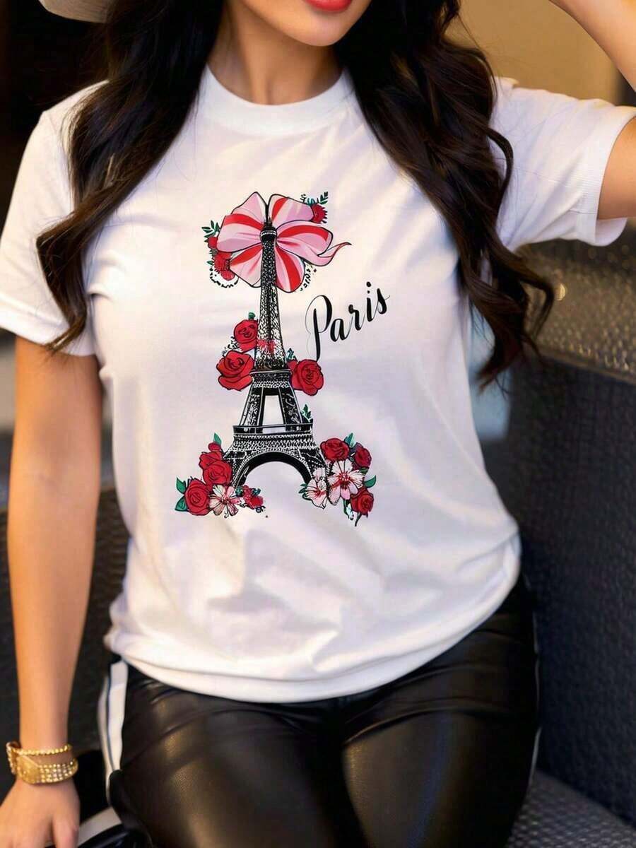 Women's Summer Clothes - Women's T-Shirt With Paris Eiffel Tower Print - Casual Short Sleeve Crew Neck T-Shirt With French Floral And Monument Print - Machine Washable Parisian Style T-Shirt, Suitable For Everyday Wear And As A Travel Souvenir - Plus Size 100% Cotton T-Shirt With Fun Print - 白色 - 查看 1