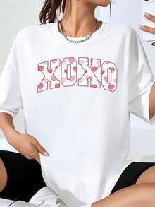 Women's Oversized T-Shirt With Xoxo Heart Print, Urban Casual Wear, Valentine's Day Gift, Fashion T-Shirt - 白色 - 查看 7