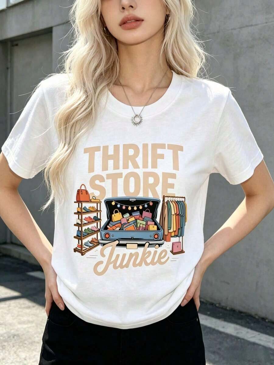 Camiseta Casual de Manga Corta para Mujer - Estilo Vintage de Tienda de Segunda Mano - Para Entusiastas de la Moda de Segunda Mano, Ropa de Mercadillo, Ropa de Verano, Camiseta Oversize, Streetwear Casual, Cuello Redondo, Algodón, Moda de Verano, Ropa Holgada para Mujer, Atuendo Diario, Adecuada para primavera, verano y otoño. - Blanco - Ver 1