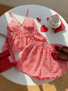 xheComfortcana Conjunto informal de camiseta de tirantes y pantalones cortos con estampado de corazón tejido y cuadros en rojo para mujerxhe - Rojo - Ver 3