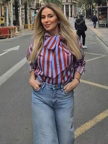 Elegant Women's Delicate Bow Decor Contrast Striped Casual Shirt, Retro Lapel Single-Breasted Loose Fit, Spring Vacation Style - Blue - View 6