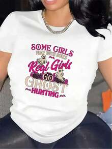 Camiseta de Caza de Fantasmas para Mujer - Divertido eslogan: "Algunos juegan con muñecas, los verdaderos van a cazar" - Camiseta ligera de poliéster para Halloween, eventos paranormales, fiestas de disfraces - Camiseta con gráfico espeluznante para mujeres amantes de los juegos de caza de fantasmas, ropa para eventos temáticos, diseño divertido, tela de elasticidad media. blusas para mujer>ropa - Blanco - Ver 6