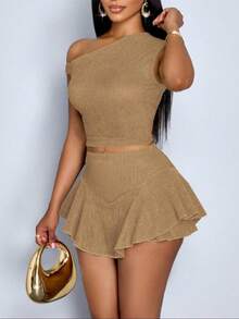 Women's One Shoulder Ribbed Crop Top And Ruffle Hem Skirt Two Piece Set, Asymmetric Neckline Slim Fit Top And High Waist Flared Skirt, Casual Party C - 淺棕色 - 查看 2