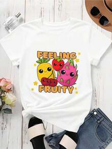 Casual T-Shirt With Cute Fruit Design, Loose Fit White Casual T-Shirt With Pineapple, Strawberry, Dragon Fruit And Cherry Print, Women's Top, 100% Cotton, Durable - 白色 - 查看 2