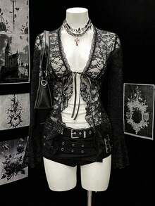 Blusa de mujer con cuello en V de encaje y ribete de encaje en contraste - Negro 2 - Ver 2