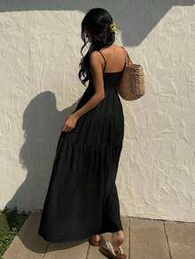 Vestido con escote de tubo plisado de tela texturizada color melocotón claro, con tirantes finos, cintura suelta, estilo relajado para vacaciones - Negro - Ver 2